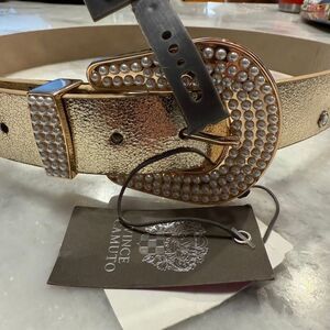 NWT Vince Camuto Pearl Rhinestone Embellished Buckle Belt Gold Size Small